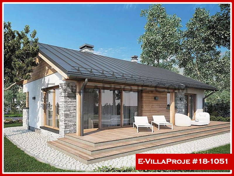 106 m² Tek Katlı 3+1 Ahşap Çelik Yapı Villa (Ev Villa Proje #18 - 1051) Cephe Görünümü ve Kat Planı