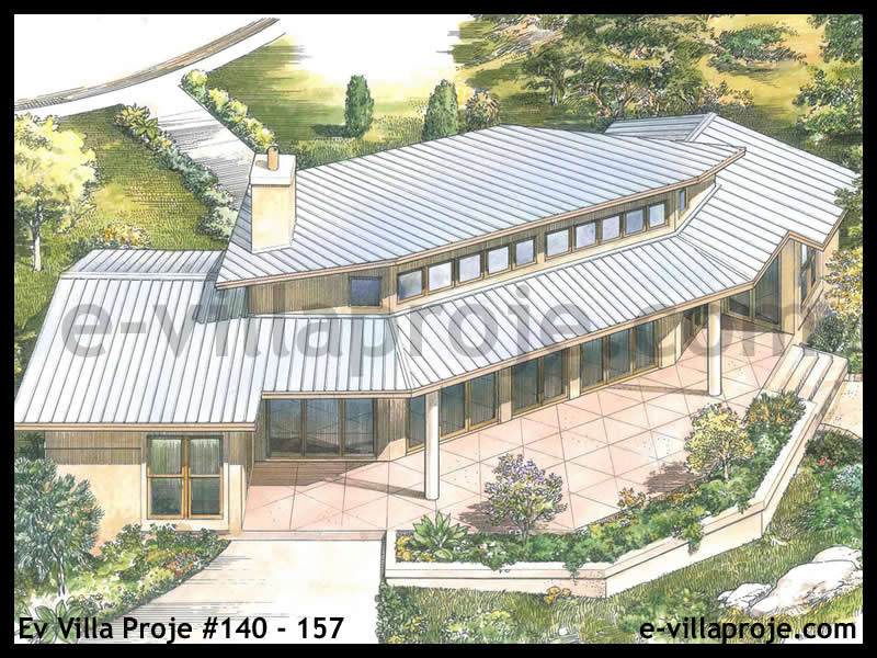 115 m² Tek Katlı 3+1 Taş Çelik Yapı Villa (Ev Villa Proje #140 - 157) Cephe Görünümü ve Kat Planı