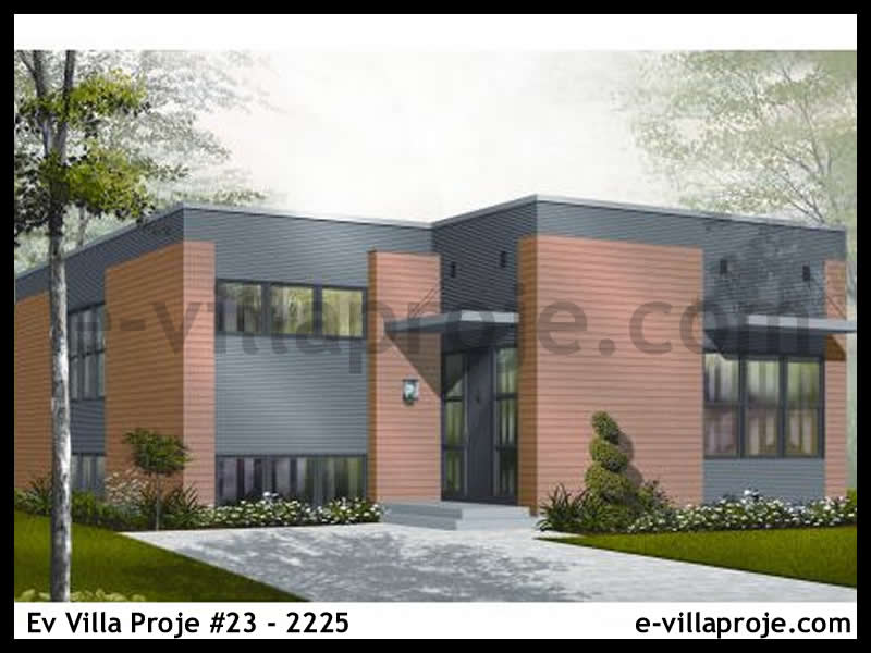 124 m² Tek Katlı 3+1 Taş Çelik Yapı Villa (Ev Villa Proje #23 - 2225) Cephe Görünümü ve Kat Planı