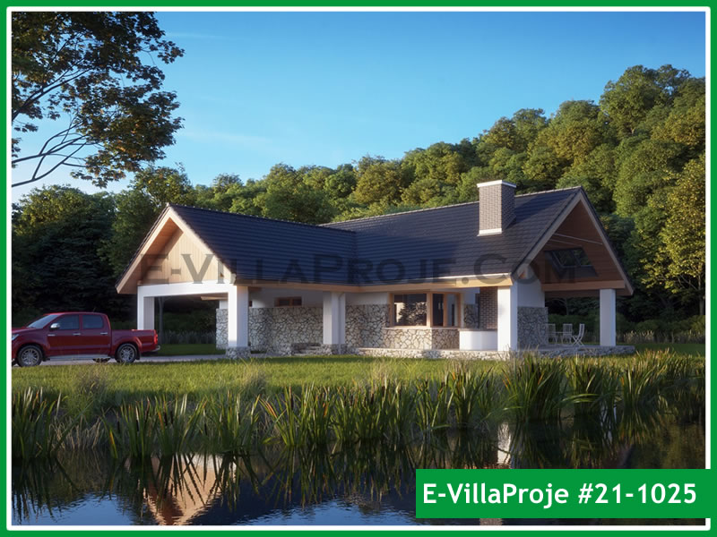 129 m² Tek Katlı 3+1 Taş Çelik Yapı Villa (Ev Villa Proje #21 - 1025) Cephe Görünümü ve Kat Planı