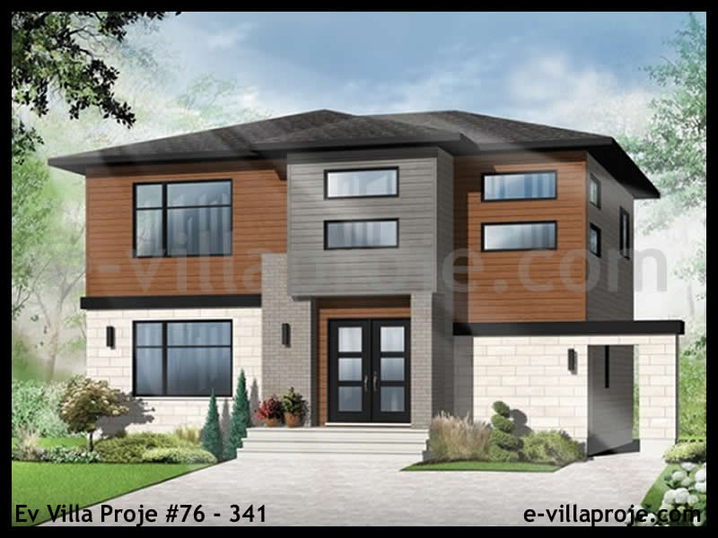 169 m² 2 Katlı (Dubleks) 4+1 Taş Çelik Yapı Villa (Ev Villa Proje #76 - 341) Cephe Görünümü ve Kat Planı