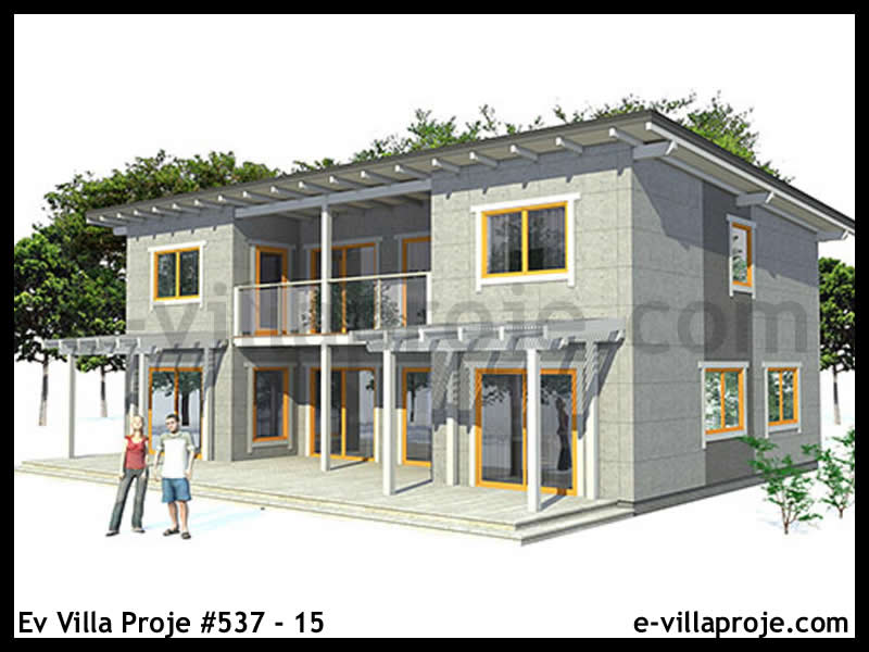 174 m² 2 Katlı (Dubleks) 4+1 Modern Çelik Yapı Villa (Ev Villa Proje #537 - 15) Cephe Görünümü ve Kat Planı