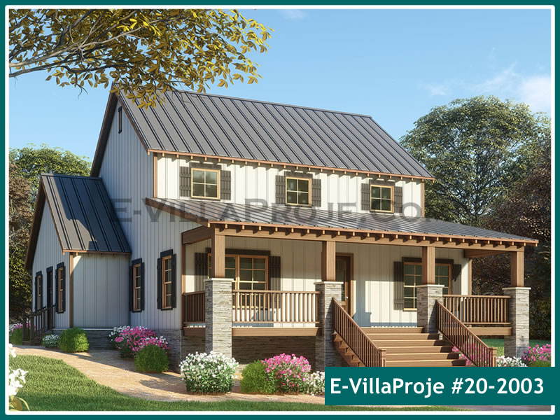 224 m² 2 Katlı (Dubleks) 5+1 Ahşap Çelik Yapı Villa (Ev Villa Proje #20 - 2003) Cephe Görünümü ve Kat Planı