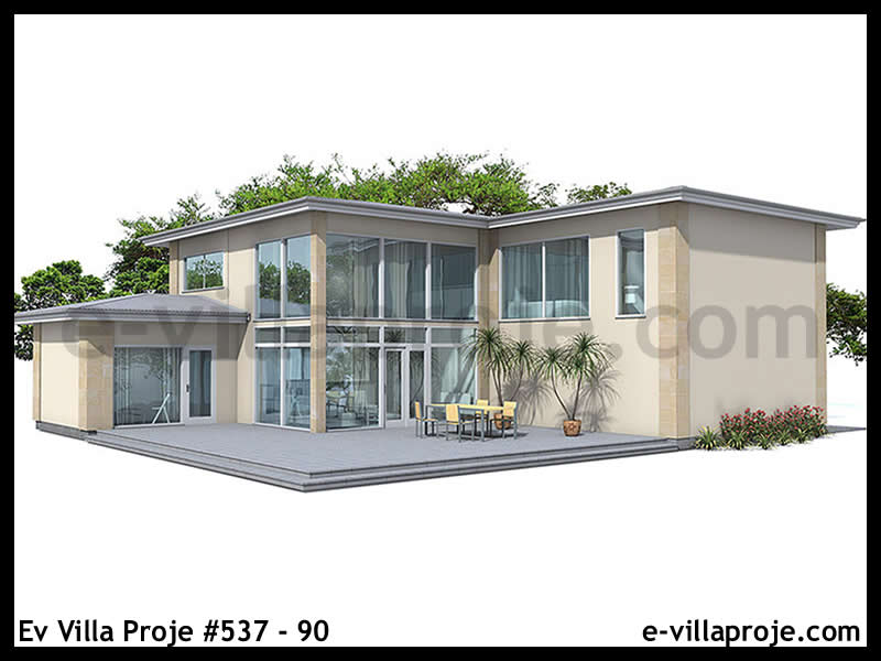 250 m² 2 Katlı (Dubleks) 5+1 Modern Çelik Yapı Villa (Ev Villa Proje #537 - 90) Cephe Görünümü ve Kat Planı