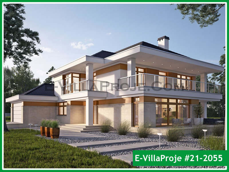 403 m² 2 Katlı (Dubleks) 5+1 Modern Çelik Yapı Villa (Ev Villa Proje #21 - 2055) Cephe Görünümü ve Kat Planı