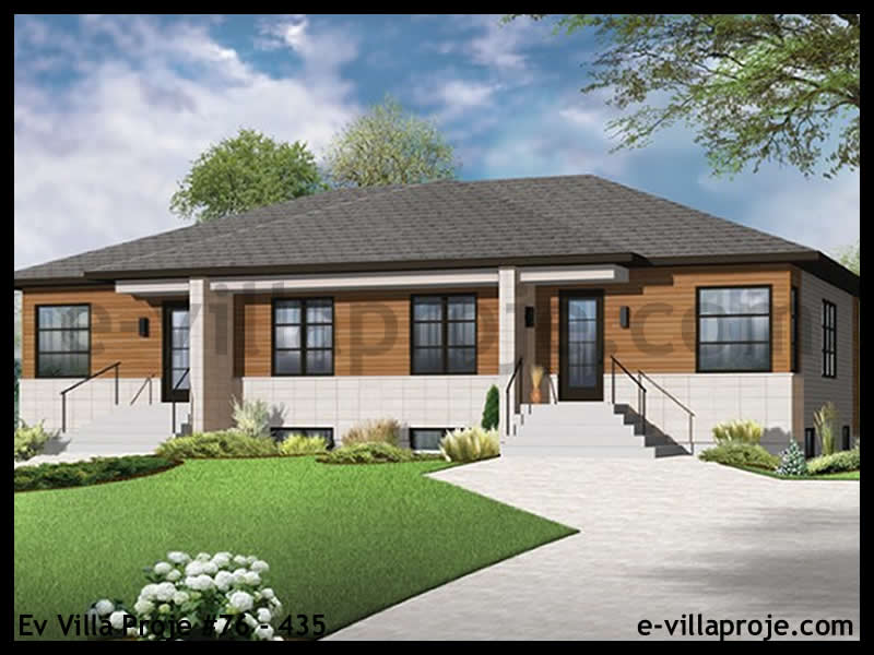 83 m² Tek Katlı 2+1 Taş Çelik Yapı Villa (Ev Villa Proje #76 - 435) Cephe Görünümü ve Kat Planı