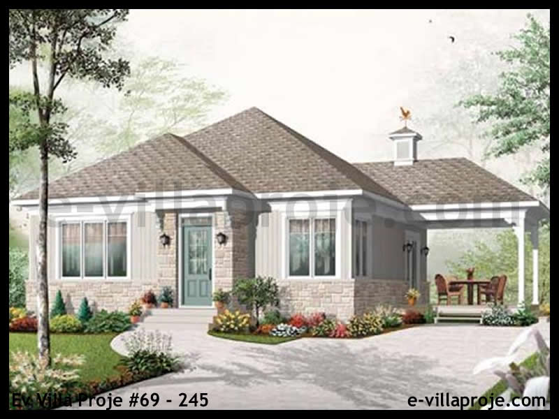 90 m² Tek Katlı 2+1 Bungalov Çelik Yapı Villa (Ev Villa Proje #69 - 245) Cephe Görünümü ve Kat Planı